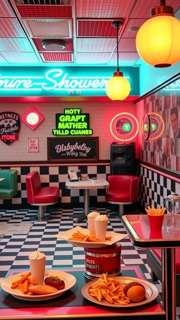 A colorful retro diner setting for a bridal shower with neon lights, checkered floor, and food plates.