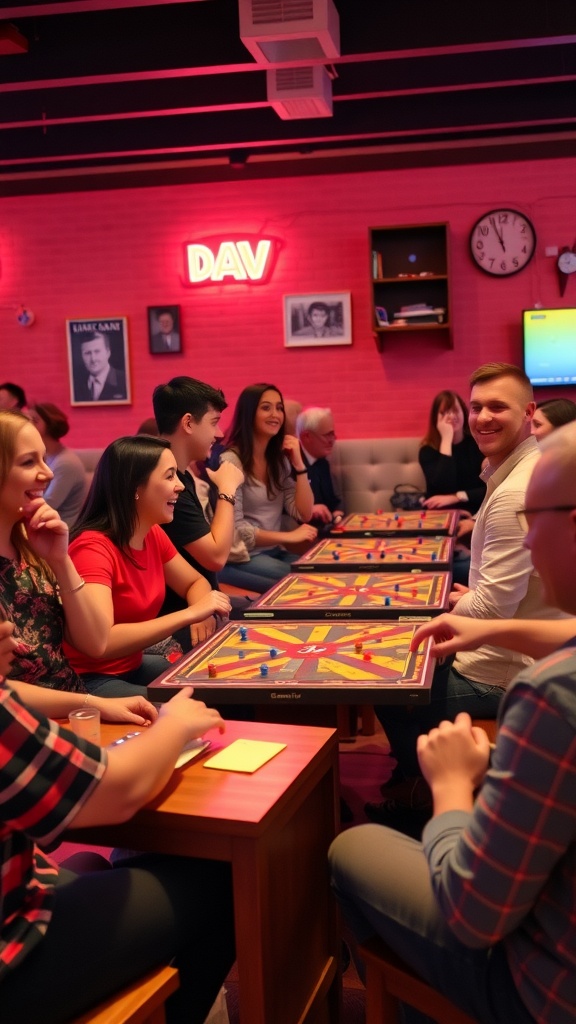 A group of people enjoying a retro game night at a bridal shower, smiling and playing board games together.