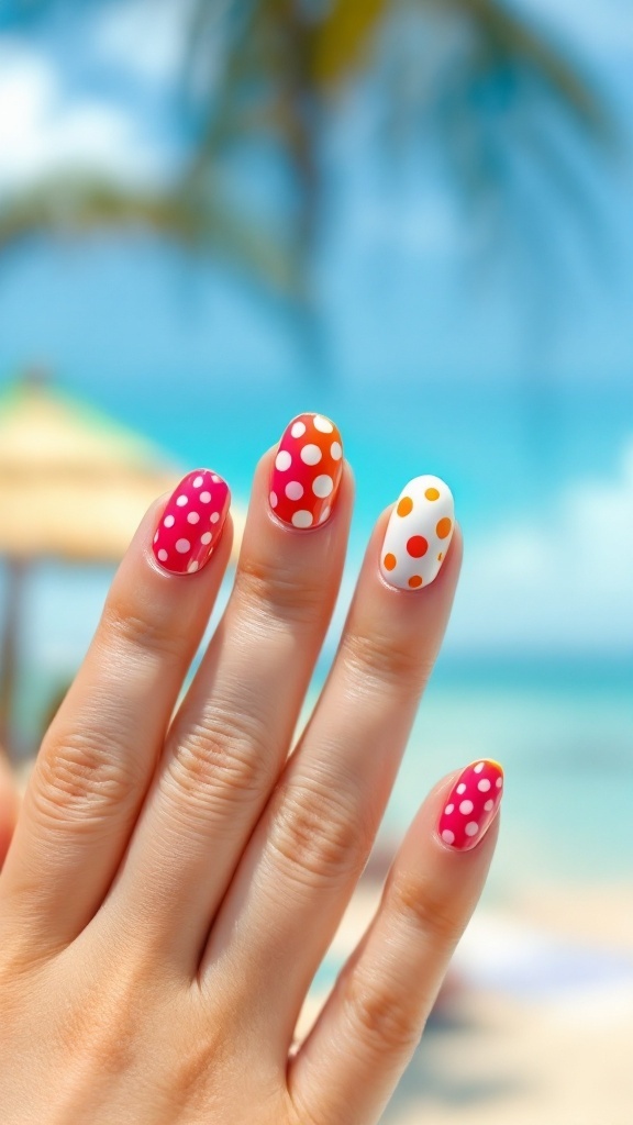 A hand showing colorful nails with polka dots against a beach background