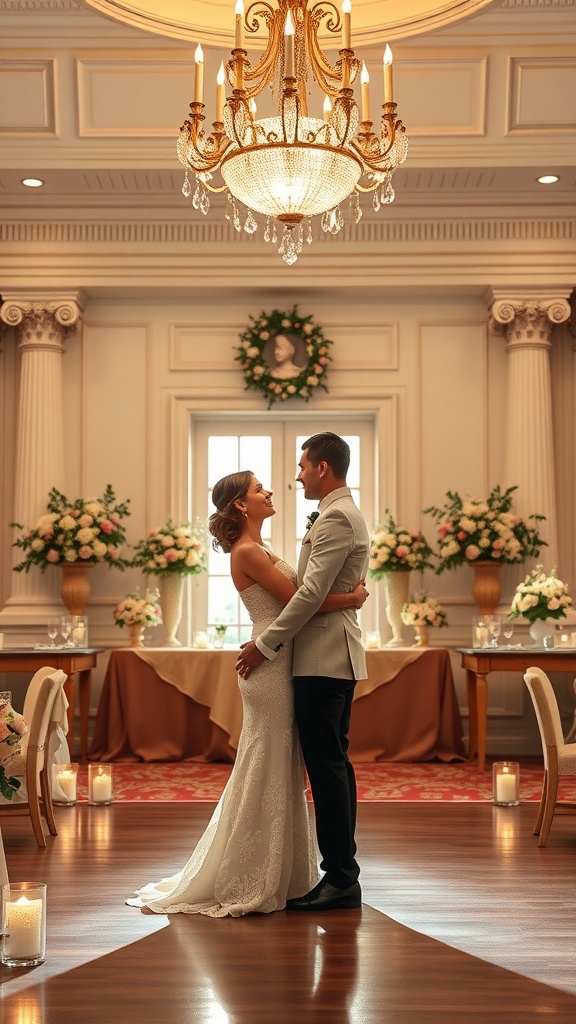 Couple sharing a romantic first dance at a classic wedding.