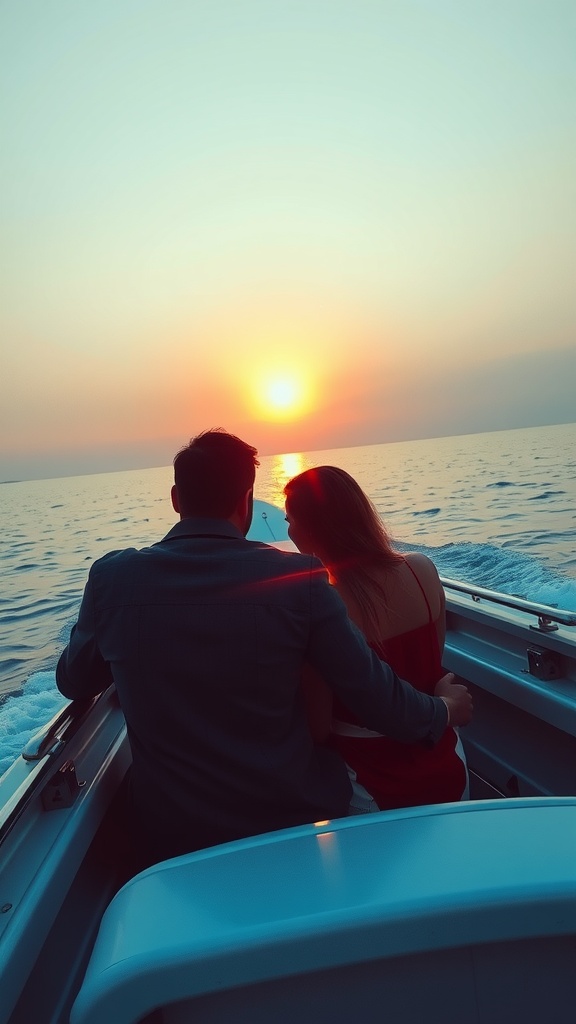Couple enjoying a romantic boat ride at sunset