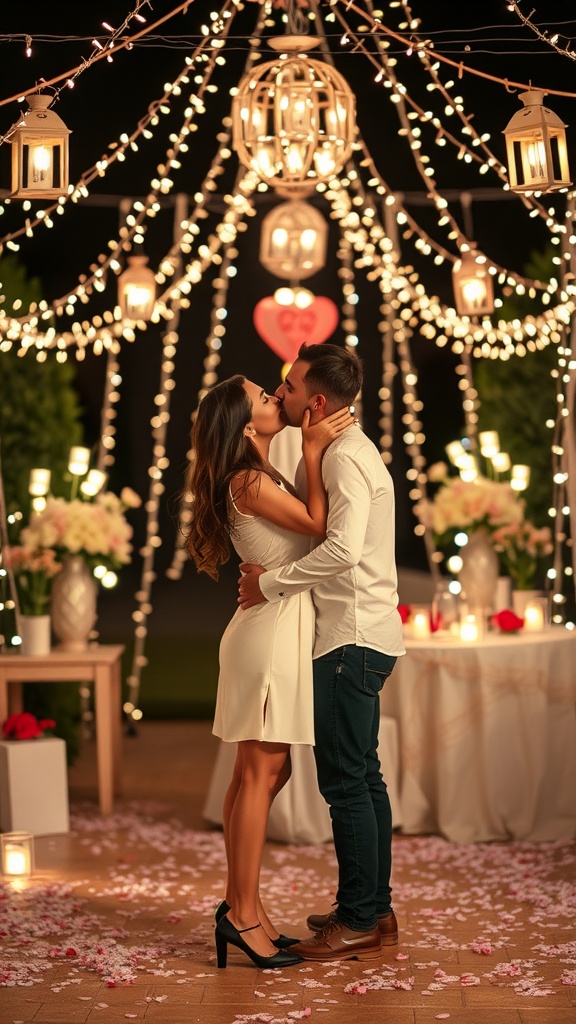 A romantic couple sharing a kiss under twinkling fairy lights at an engagement party.