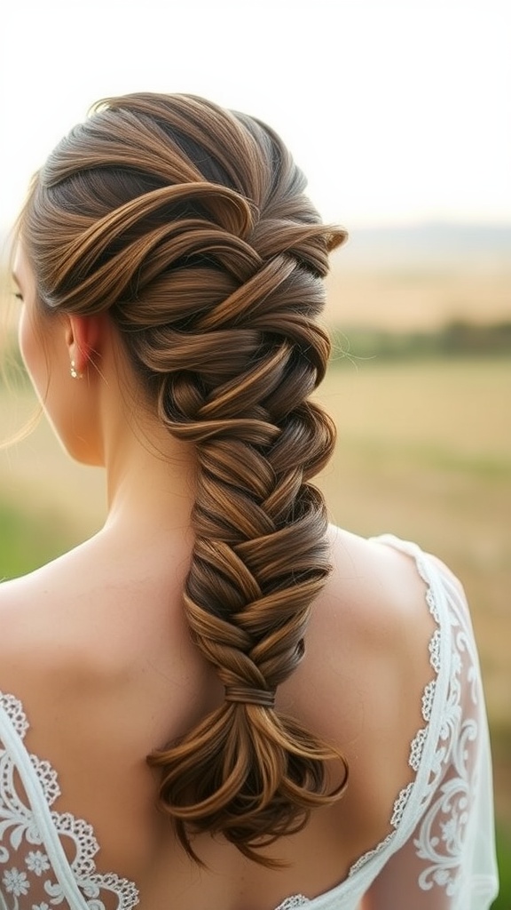A beautiful romantic fishtail braid hairstyle worn by a woman, showcasing intricate styling and a natural setting.