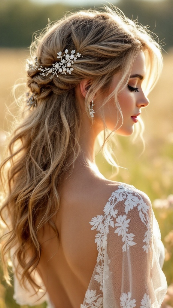 A bride with a romantic half-up half-down hairstyle, adorned with floral hairpins, wearing a floral embroidered dress.