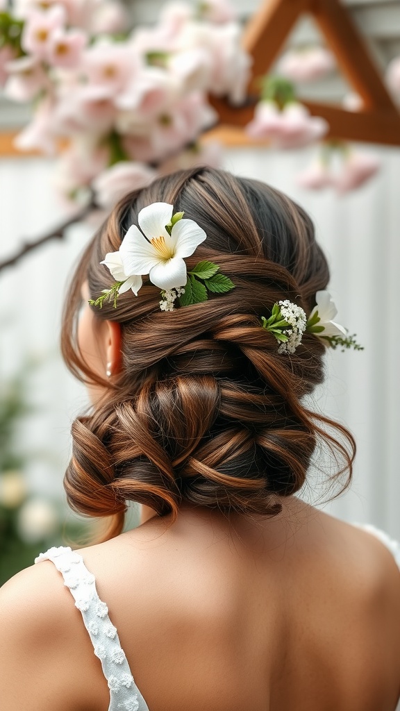 A romantic half-up, half-down hairstyle adorned with flowers, perfect for weddings.