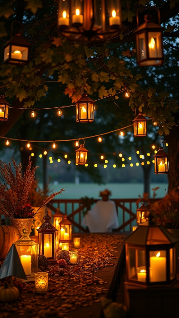 A beautifully decorated table with glowing lanterns and candles, exuding a romantic atmosphere for a fall bridal shower.