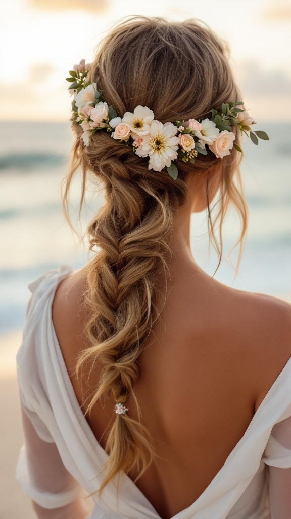 A bride with a romantic loose braid decorated with flowers, set against a beach backdrop during sunset.