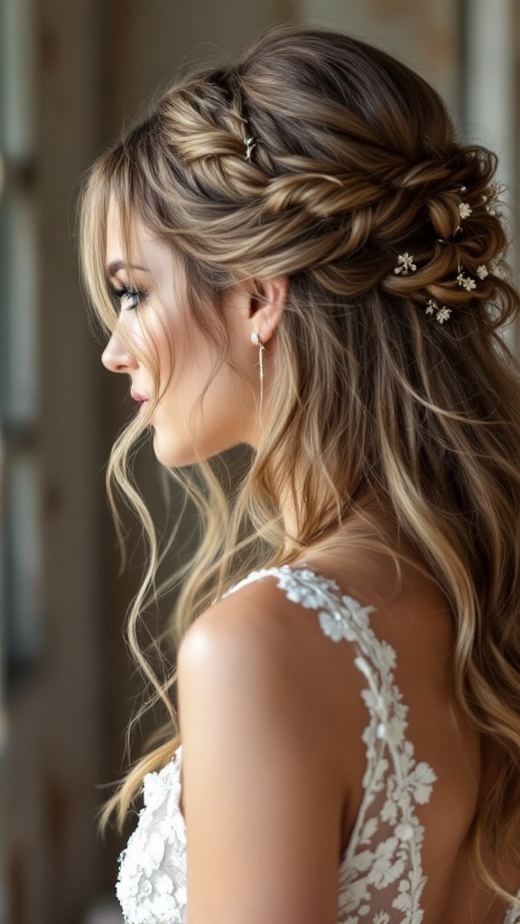 A woman with half up half down hairstyle featuring romantic loose curls and floral hair accessories.