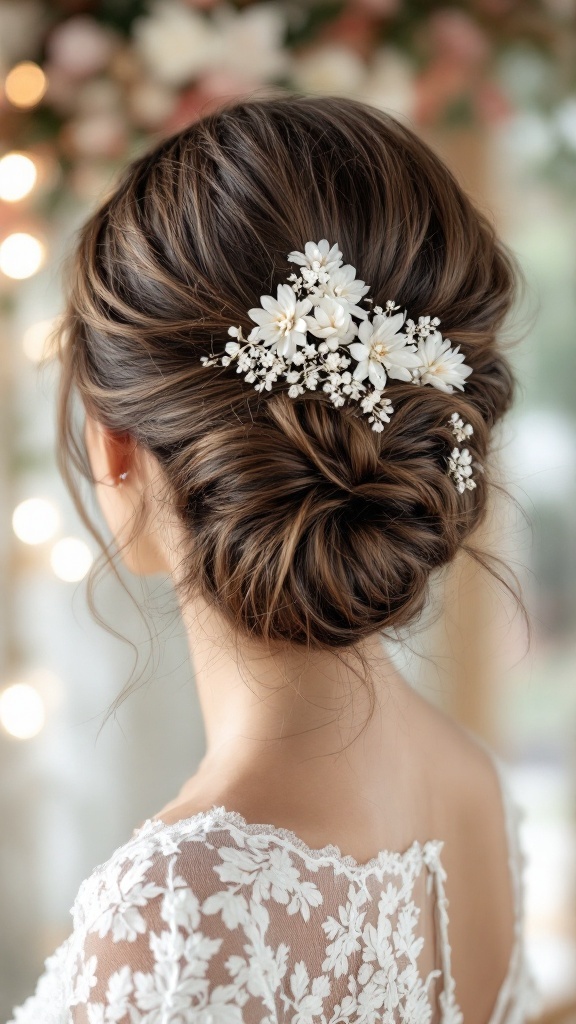 A romantic loose updo hairstyle decorated with delicate flowers, perfect for a bridesmaid.