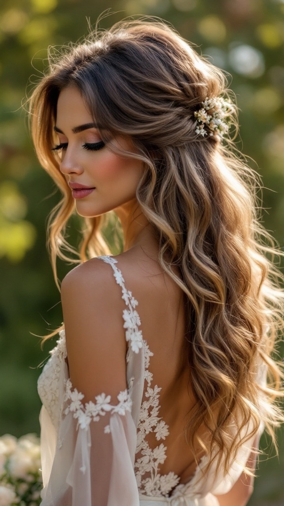 A woman with romantic loose waves hairstyle adorned with small flowers, showcasing a soft and elegant look.