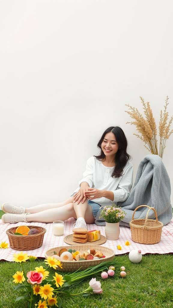 A cheerful woman sitting on a picnic blanket surrounded by flowers and snacks.
