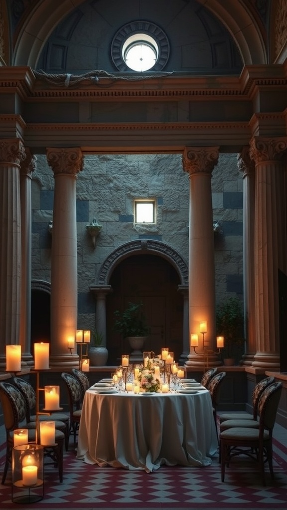 A beautifully set table for a bridal shower, surrounded by candles and soft lighting, inspired by Roman architecture.