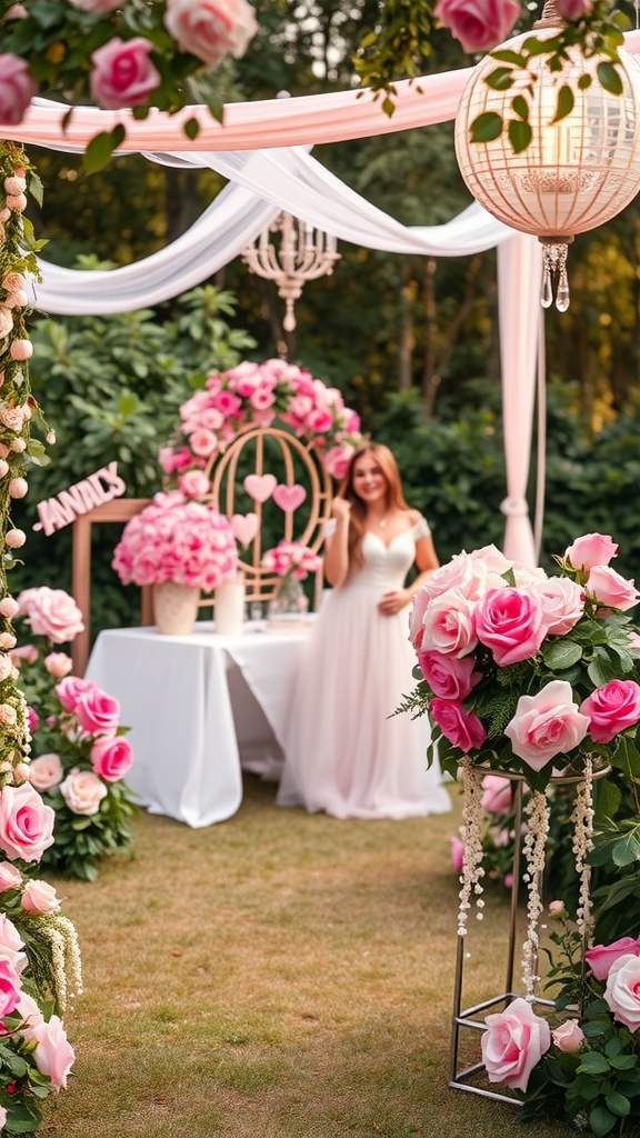 A romantic bridal shower scene with pink roses and a bride.
