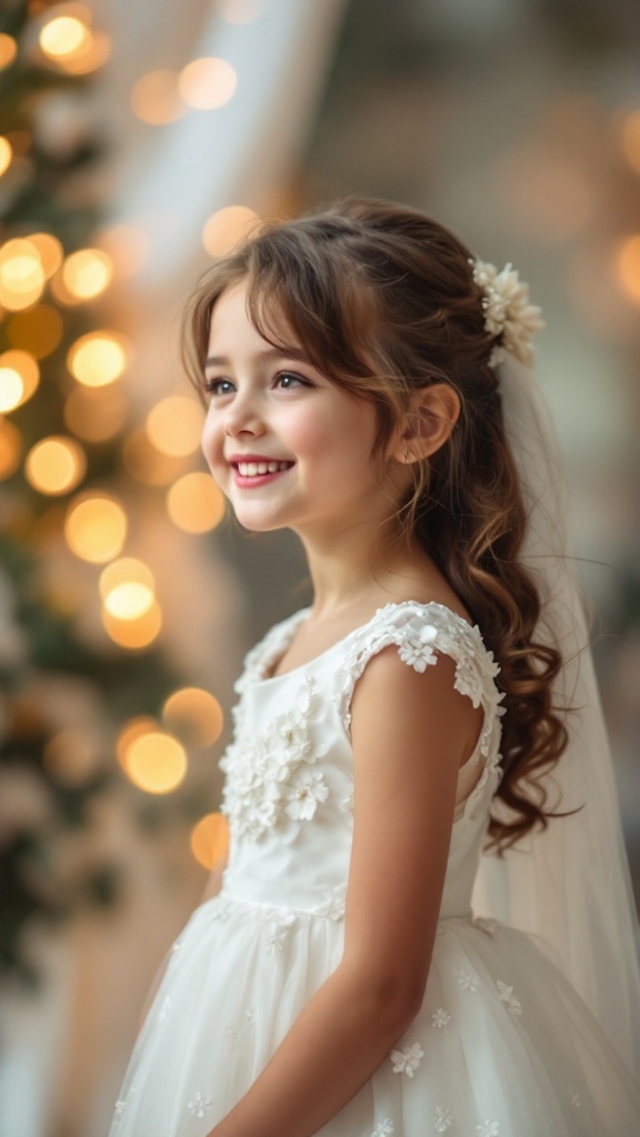 A little girl with side-swept curls and a flower accessory in her hair, smiling while wearing a white dress with floral details.