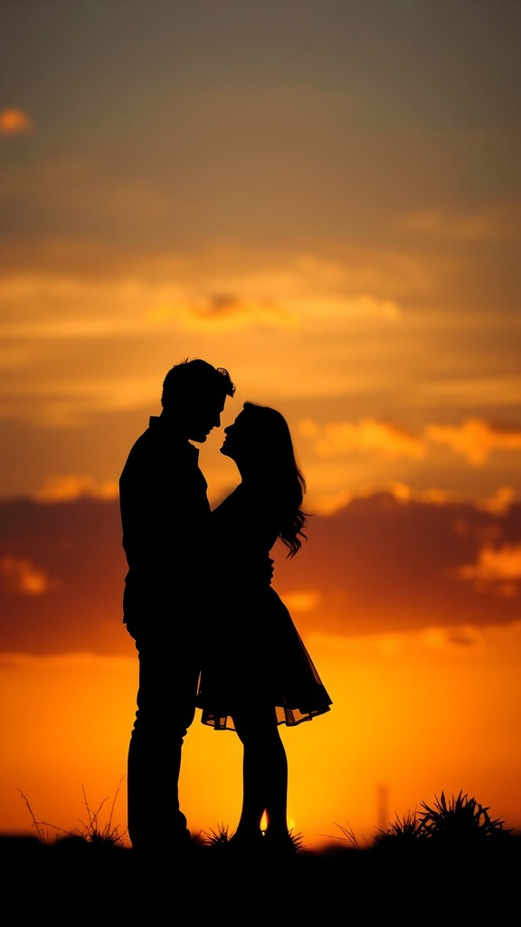 A couple embracing in silhouette during a sunset.