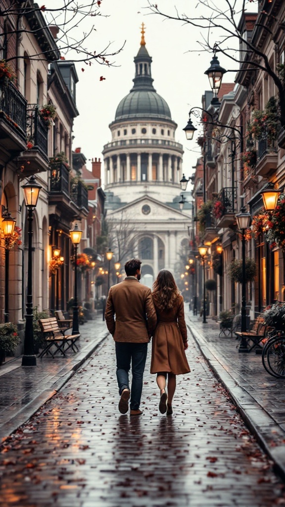 A couple walking hand in hand down a historic street with buildings and streetlights.