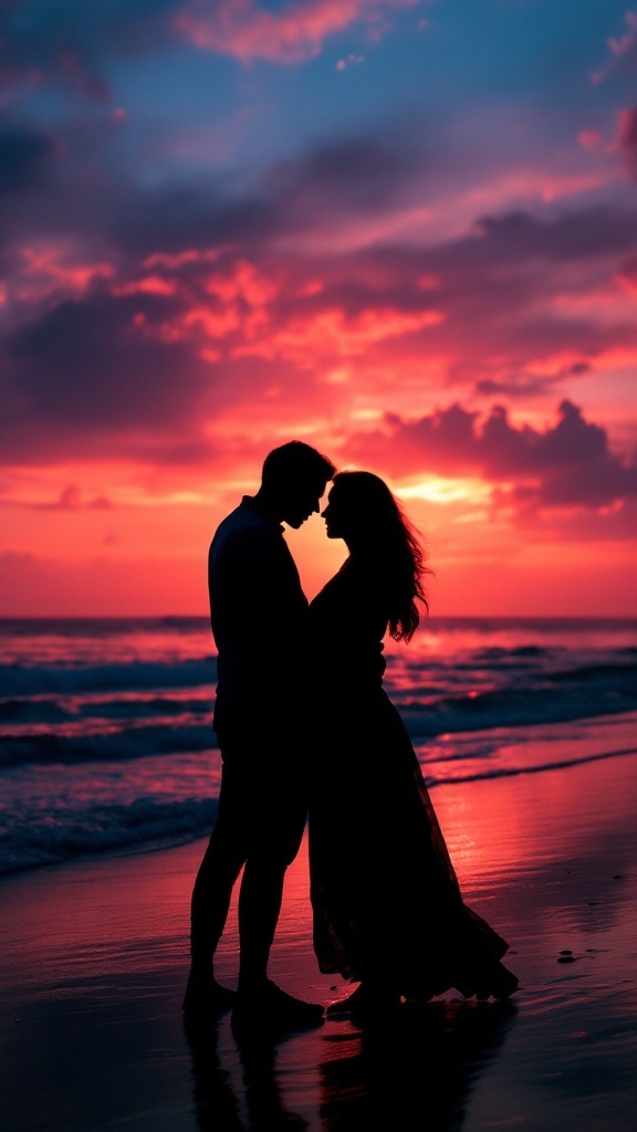 Couple silhouetted against a sunset at the beach