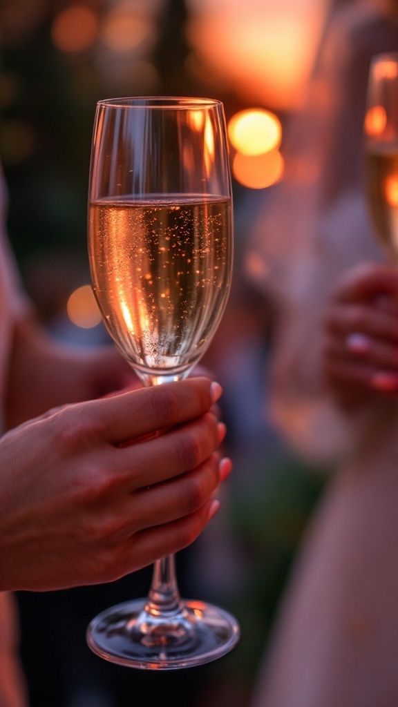 A close-up of a hand holding a glass of sparkling wine, with soft sunset colors in the background.