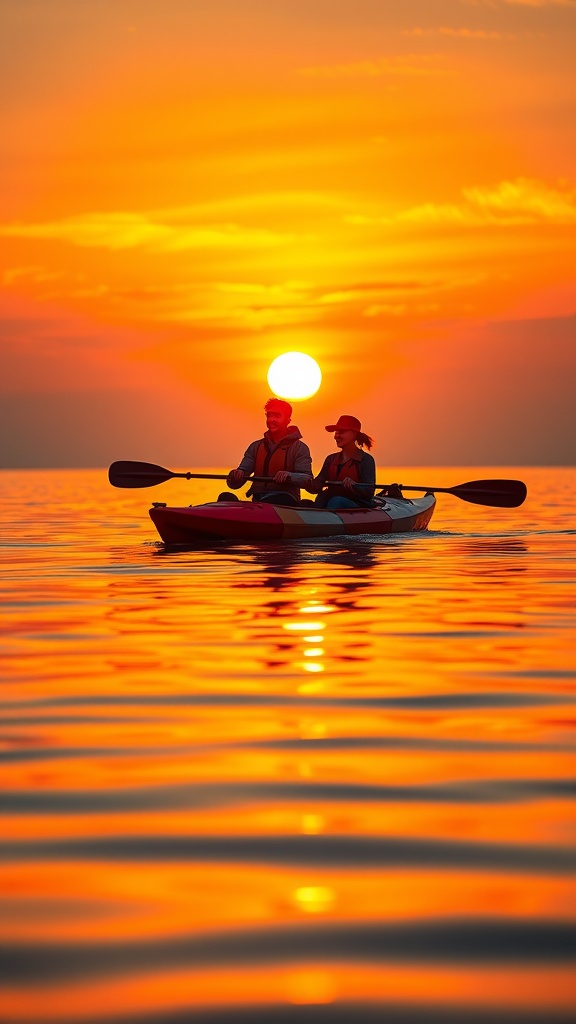 A couple kayaking at sunset with a vibrant orange sky.