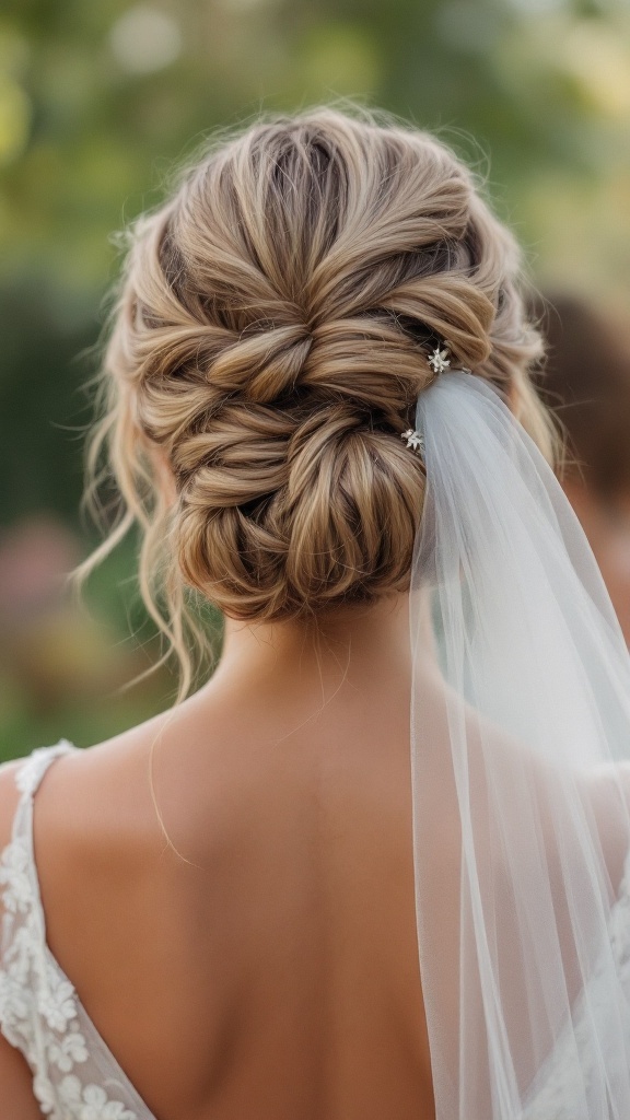 A romantic hairstyle featuring a twisted bun adorned with a veil and delicate hairpins