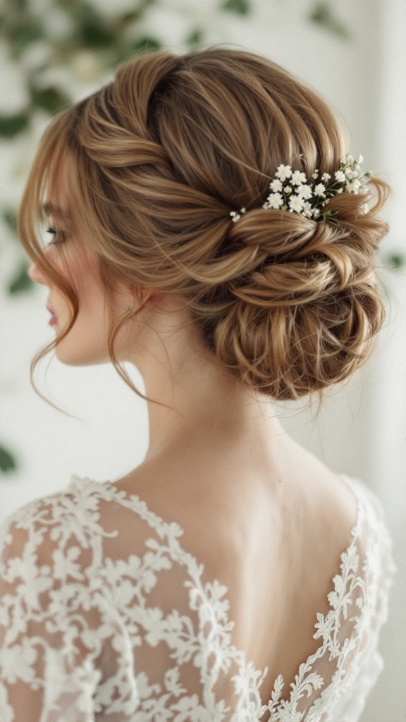 A romantic vintage updo hairstyle featuring loose curls and white flowers, paired with a lace dress