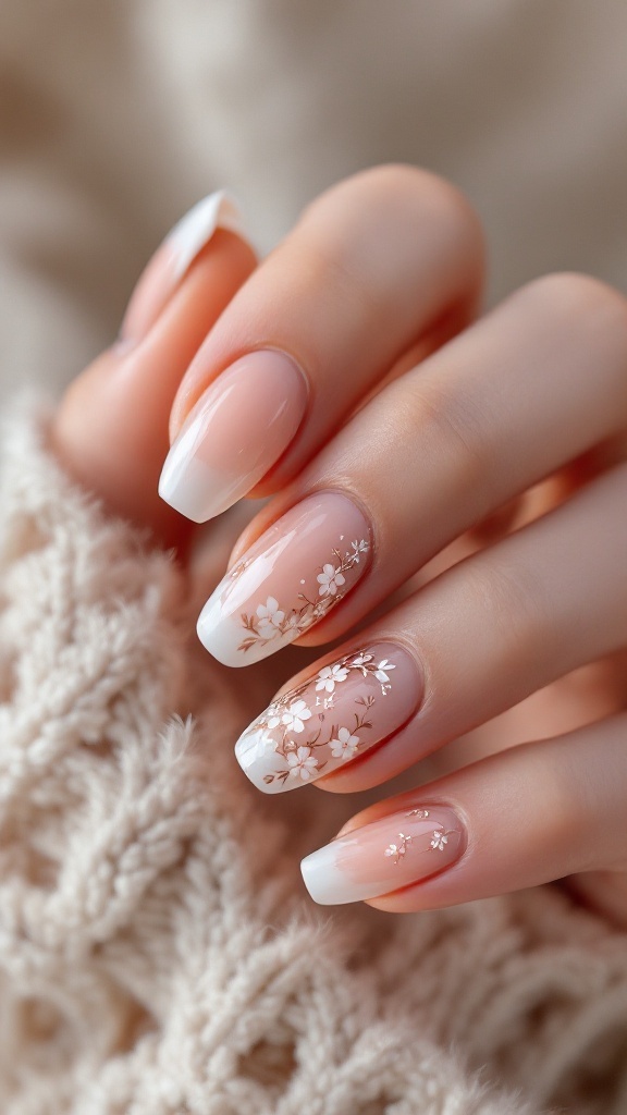A close-up of elegantly manicured nails with a soft pink base and delicate floral designs, featuring rose gold chrome accents.