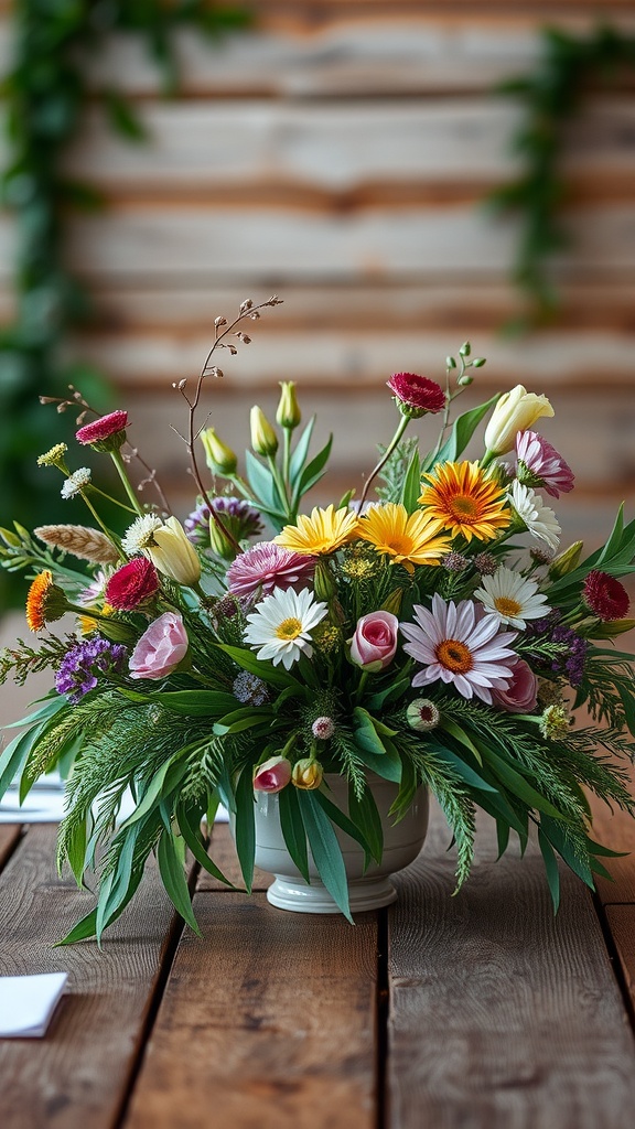 A vibrant floral centerpiece for a rustic wedding, featuring a mix of wildflowers in a white ceramic vase placed on a wooden table.