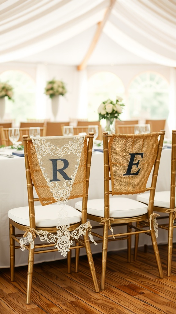 Rustic wedding chair decor featuring burlap and lace banners with initials.