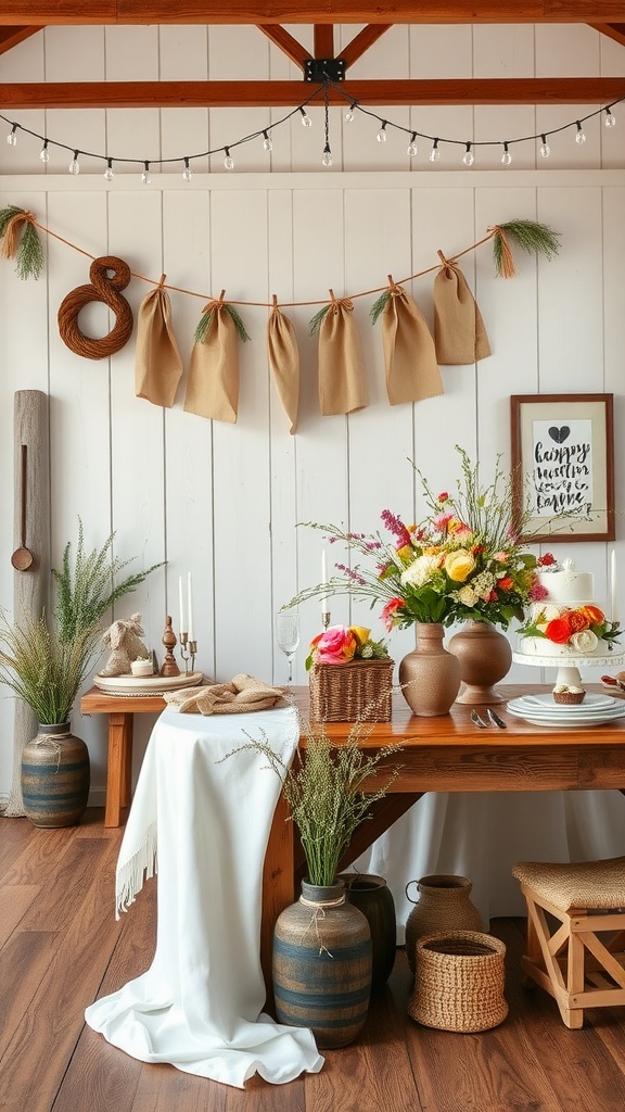 A rustic bridal shower setup with a wooden table, flowers, and burlap decorations.