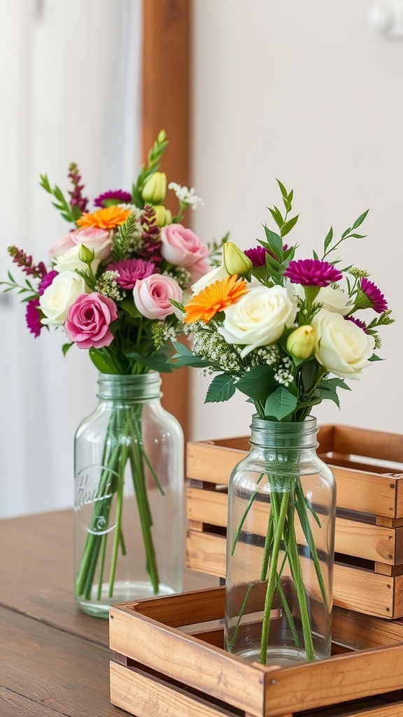Colorful floral arrangements in mason jars on a wooden table