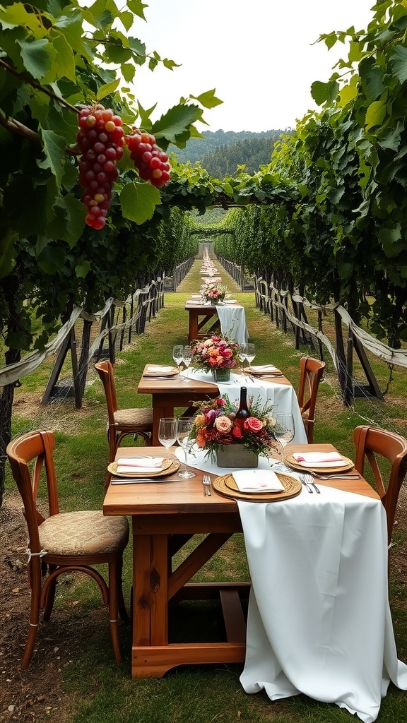 A rustic Italian vineyard setup for a bridal shower with long tables, grapevines, and floral centerpieces.