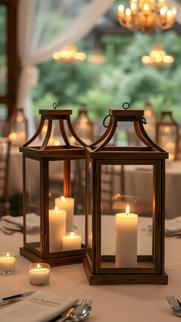 Two rustic wooden lanterns with candles on a table, creating a warm atmosphere for a wedding.