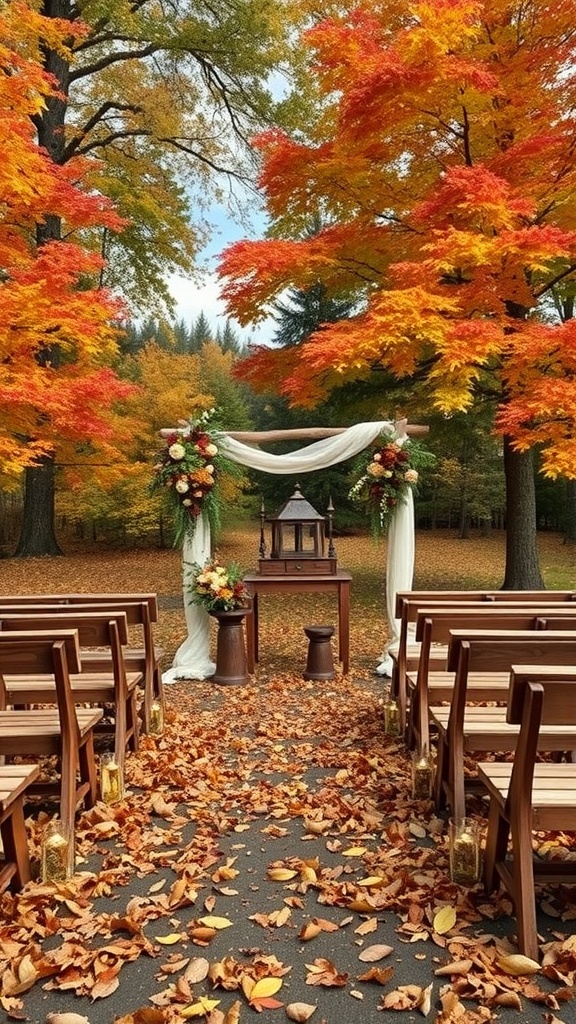 Outdoor wedding setup with wooden chairs, autumn leaves, and a decorated altar under vibrant fall trees.