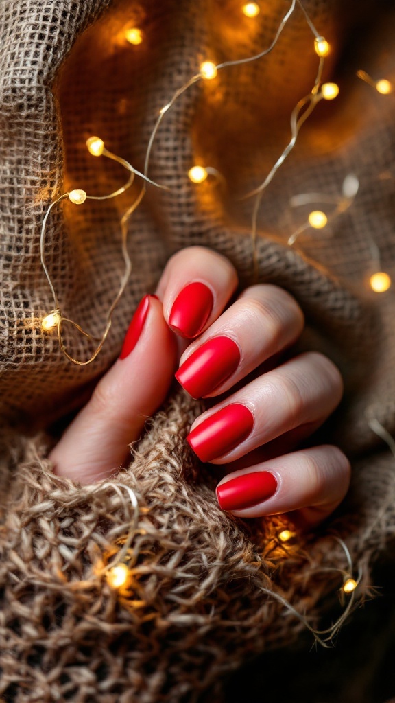 A hand with matte red nails resting on a knitted fabric with fairy lights in the background.