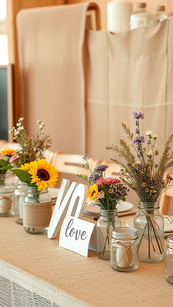 A rustic bridal shower table setting with flowers in jars and a sign that says 'love'