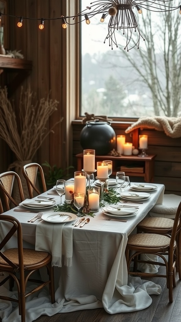 A rustic winter bridal shower table setting with candles and greenery