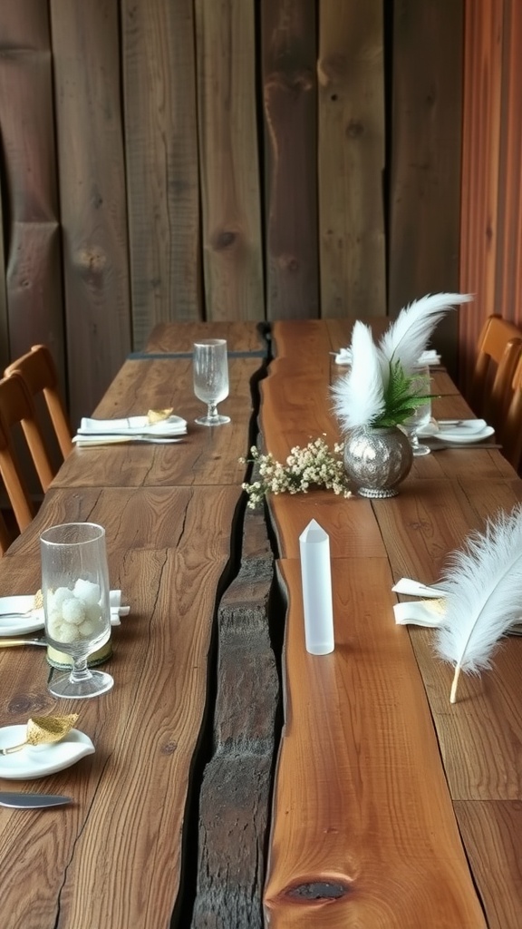 A rustic wooden table setting with delicate flowers and feathers, creating an inviting atmosphere for a bridal shower.