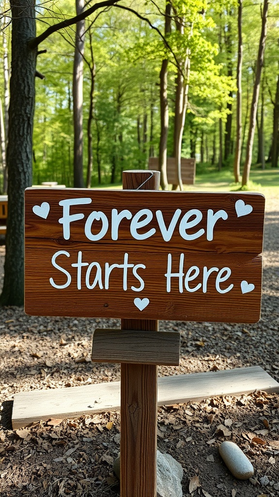 A rustic wooden sign that reads 'Forever Starts Here' in a forest setting