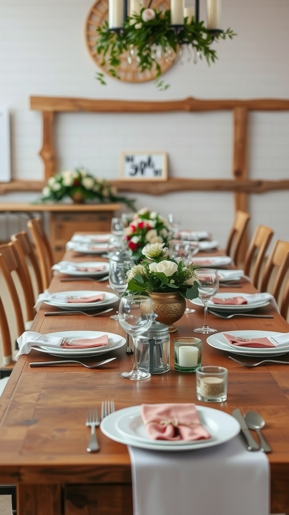 A rustic wooden table setting for a wedding reception featuring elegant tableware and floral centerpiece.