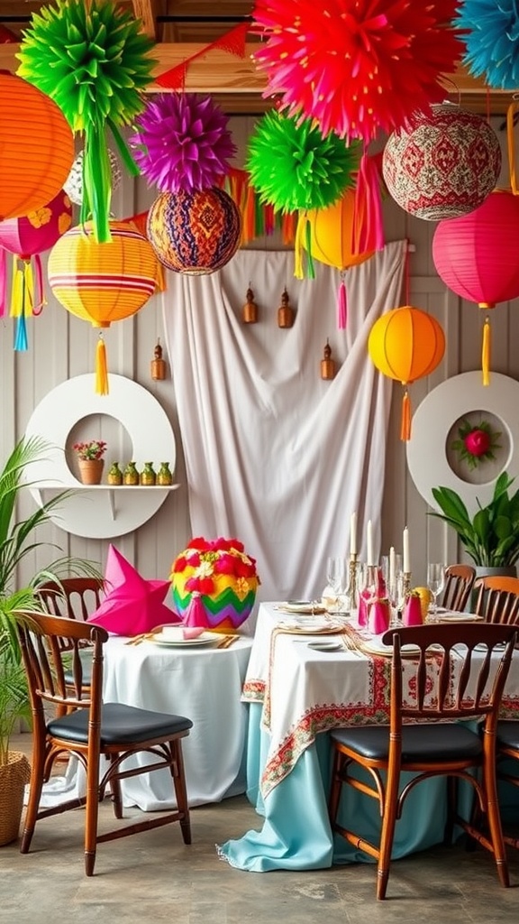 A colorful bridal shower setup with vibrant decor, lanterns, and a beautifully set table.