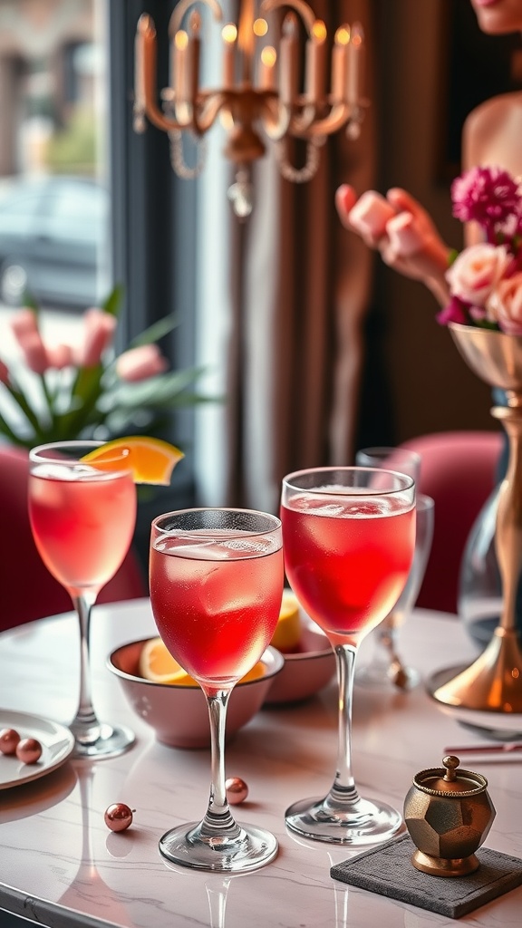 A set of pink cocktails on a marble table with elegant decorations, flowers, and a chandelier.