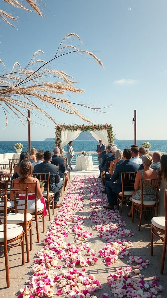 Beach wedding setup with chairs, flower petals on the aisle, and floral archway near the ocean.