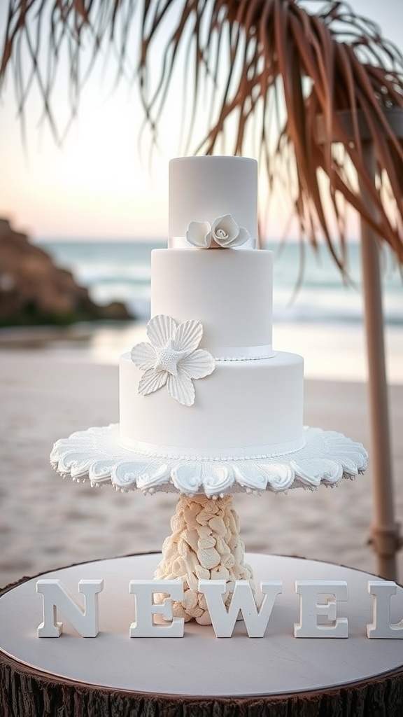 A three-tiered white wedding cake on a seashell cake stand at a beach wedding reception.