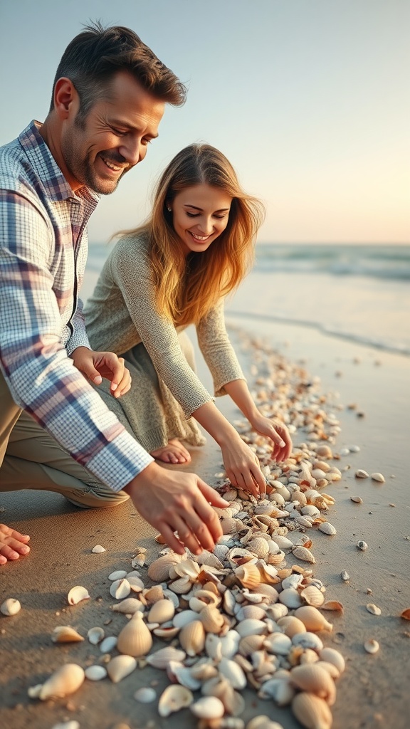 A couple joyfully collecting seashells on a beach during sunset.