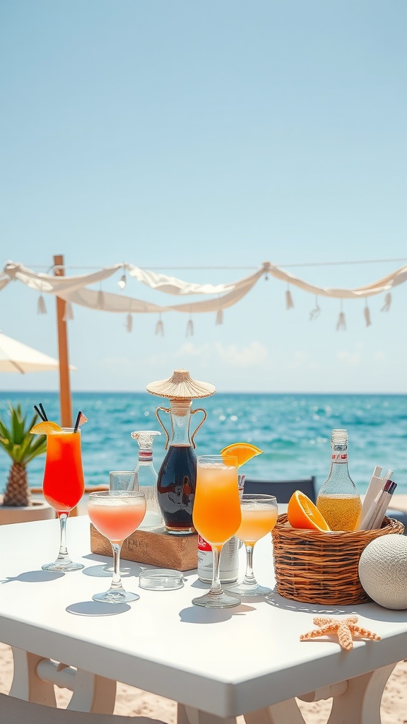 A table with colorful cocktails and drinks set against a beach backdrop.