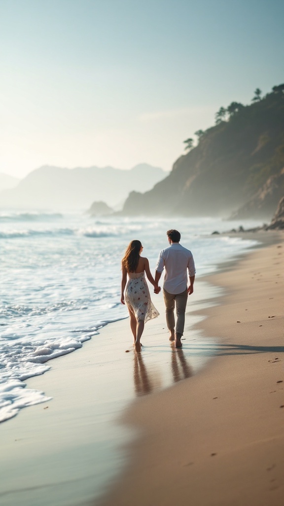 A couple walking hand in hand on a beach at sunset