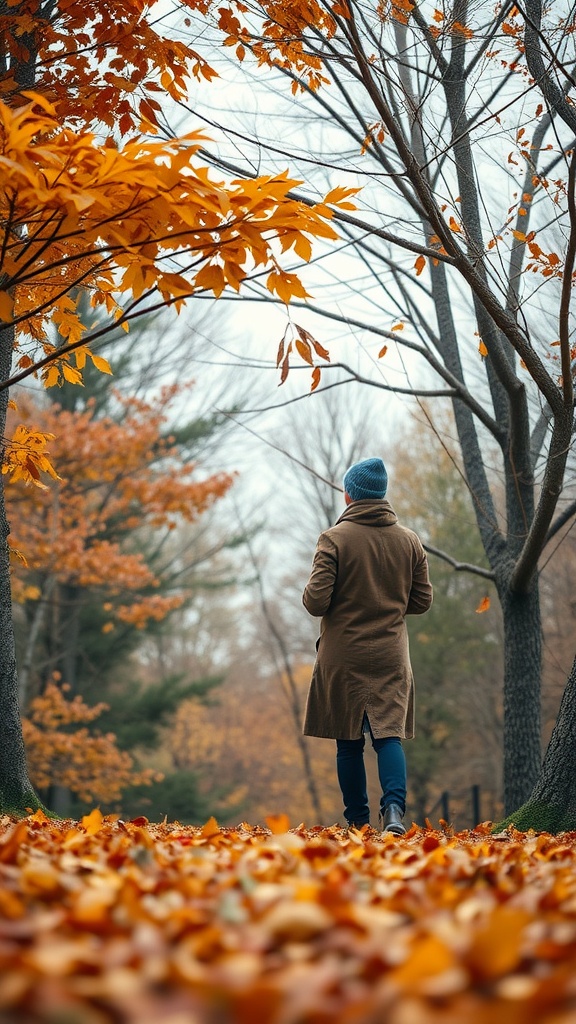 A person walking through a pathway covered with fallen leaves in a forest during autumn.