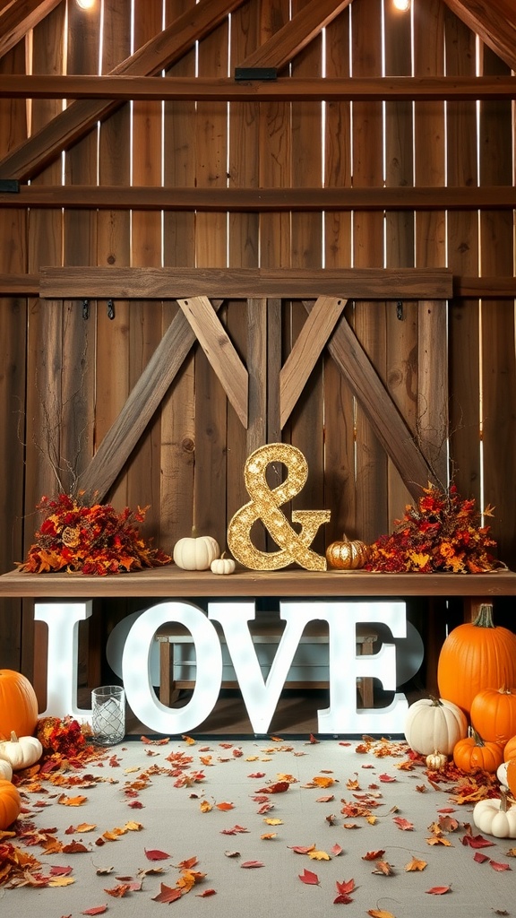 Autumn-themed wedding decor in a barn featuring pumpkins, leaves, and glowing letters.