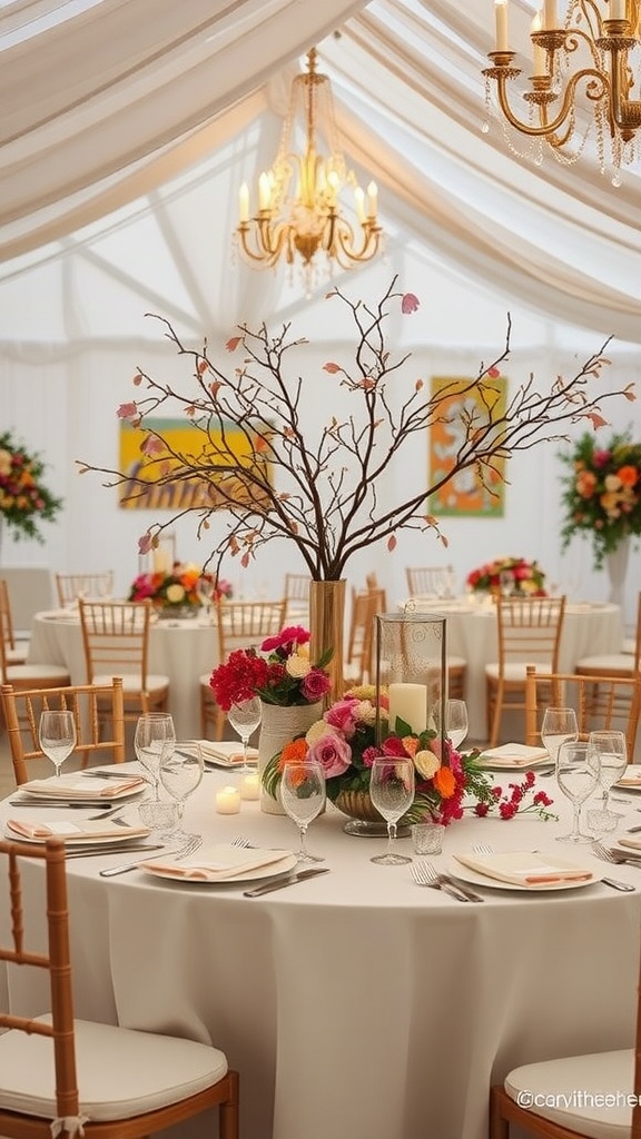 Elegant indoor wedding reception with floral centerpieces and chandeliers