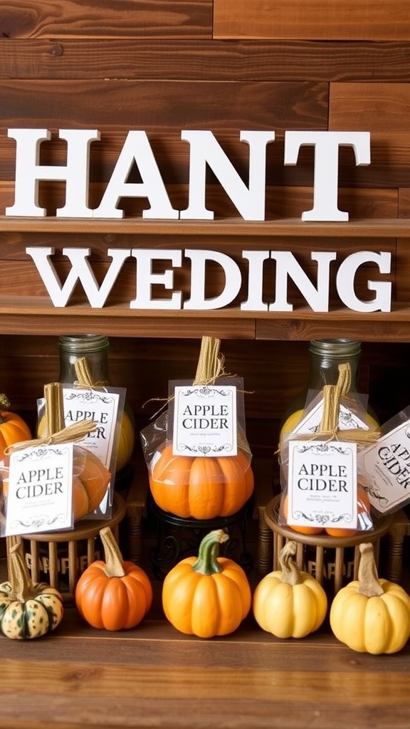 A display of pumpkins and apple cider jars for a fall wedding favors.